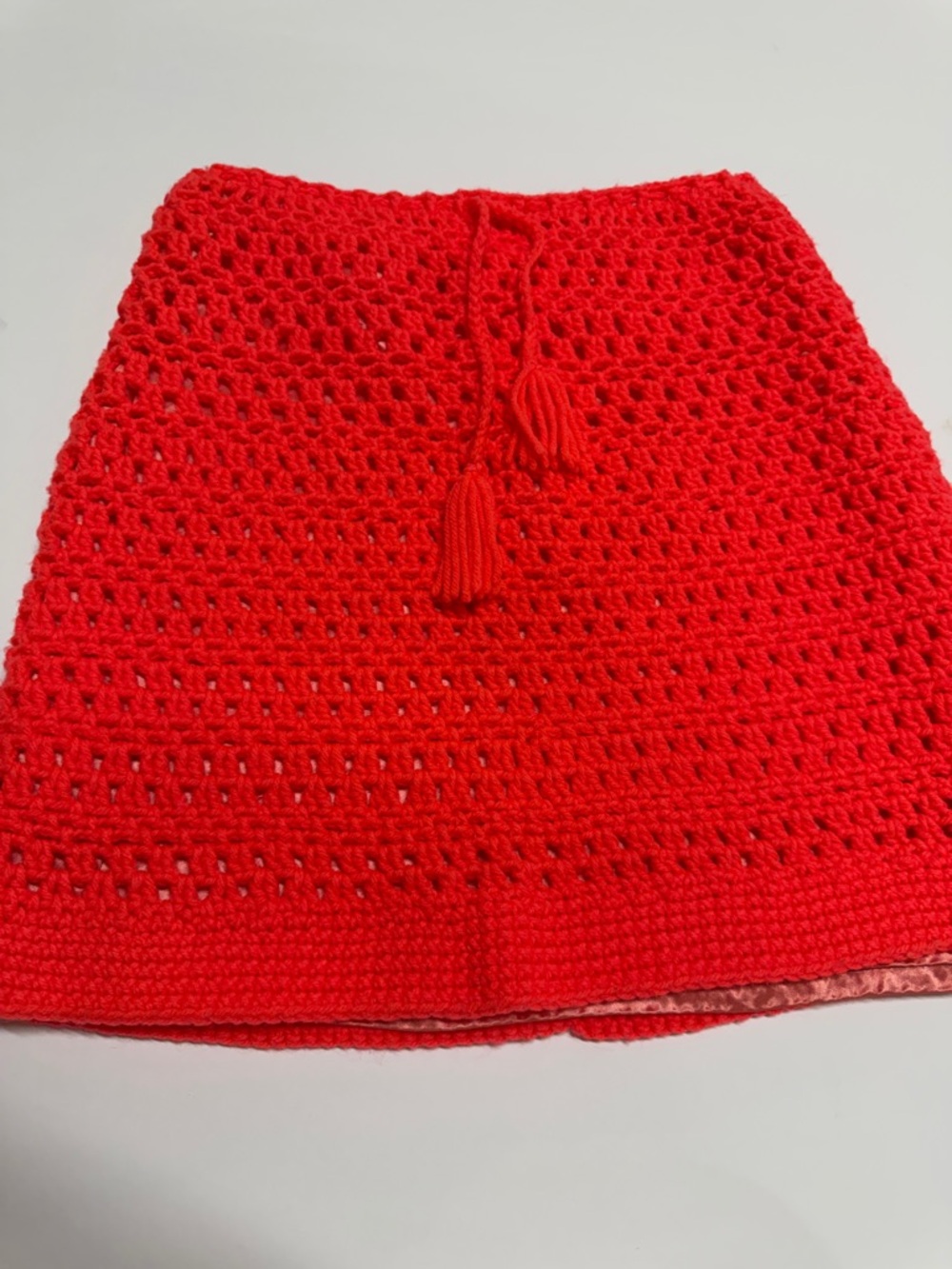 VTG Red Crochet Mini Skirt with Tassel Drawstring